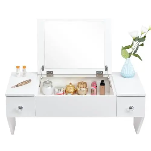 Produktbild: HollyHOME Schminktisch, Weißer wandmontierter Frisiertisch mit Spiegel und Schubladen, Schwebender Schminktische, Kleiner Schminktisch für Schlafzimmer, Badezimmer, Lesezimmer, Weiß