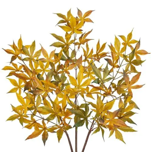 Produktbild: Hollyone 3 Stück Künstliche Ahornzweige Herbst Deko, 76 cm Herbstzweige Gelb Künstliche Ahornblätter Herbstlaub Kunstpflanze Ahornzweig für Haus, Büro, Wohnzimmer, Tischdekoration