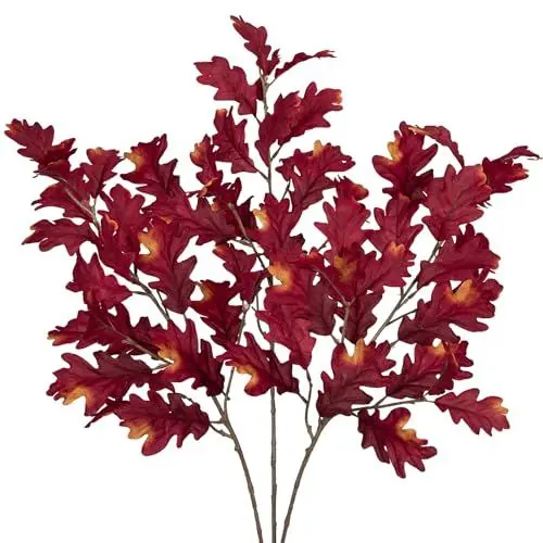 Produktbild: Hollyone 3 Stück Künstliche Eichenblätter Rot Herbstliche Kunstzweige 77 cm Stiel Künstlicher Deko Zweig Herbst Kunstlaub für Heimdeko Tischdeko Blumenarrangement Centerpiece