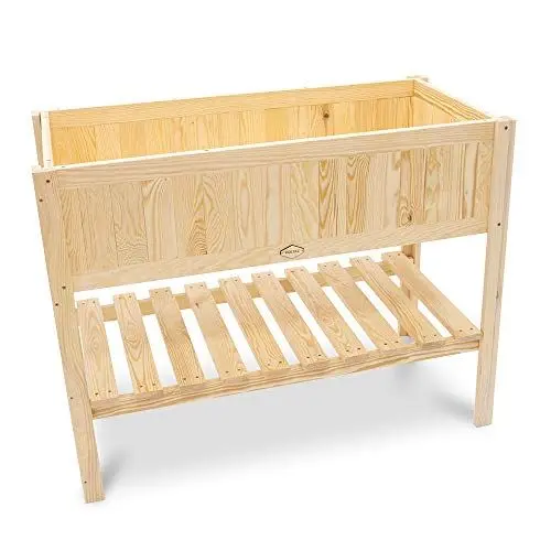 Produktbild: Holtaz Hochbeet Sarah aus Holz für den Garten Balkon Gartenbeet Blumenbeet Blumenkasten Pflanzkasten mit Folie und praktische Ablage 116x57x89 cm Naturbelassen