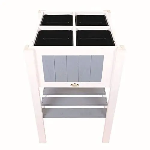 Produktbild: Holtaz Sarah Mini+ Hochbeet aus Holz für den Garten Balkon Gartenbeet Blumenbeet Blumenkasten Pflanzkasten mit 4 Fächern und praktische Ablage 55x55x90 cm Grau-weiß