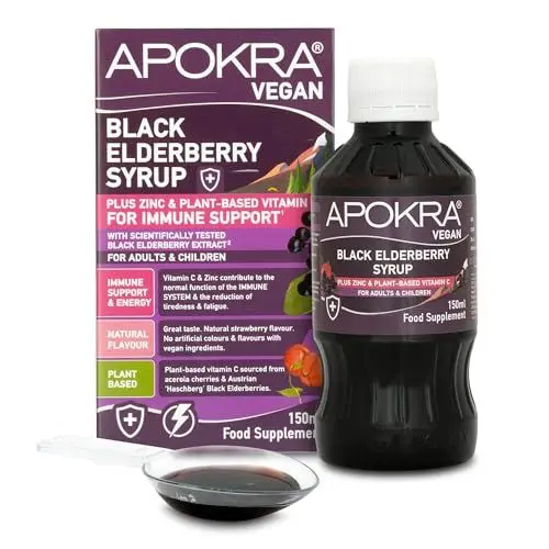 Produktbild: Holunderblütensirup mit Acerola-Kirsche, Vitamin C und Zink für Erwachsene und Kinder | Immunsystem-Booster | Natürlicher Erdbeer-Geschmack | Vegan | Pflanzliches Vitamin C | APOKRA