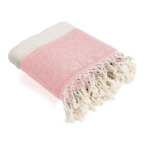 Produktbild: HolyDays® Strandtuch XXL 100x180cm aus 100% Baumwolle Oeko-TEX® | Hamamtuch | Badetuch | Saunatuch | Peshtemal | Fouta | Picknickdecke | groß | saugstark | extra leicht | Damen | Herren (Rosa)
