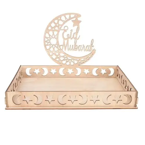 Produktbild: Holz Eid Mubarak Tischdeko Teller :Ramadan Deko Teller Ramadan Dekoration Ramadan Dessert Tablett für Zuhause Mondsternförmiges Holztablett Dessertteller Eid Mubarak Dekoration