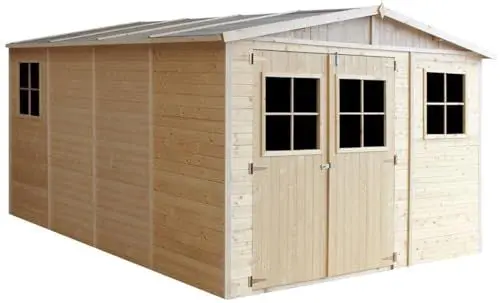 Produktbild: Holz Gartenschuppen MIT IMPRÄGNIERTEM Boden - Abstellkammer mit Fenstern - H226x418x320 cm/12 m² Naturholz-Shiplap-Schuppen - Gartenwerkstatt - Fahrrad- Geräteschuppen TIMBELA M336+336G