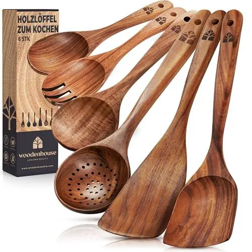 Produktbild: Kochlöffel Holz Set - Holzkochlöffel 6 Stück aus Teakholz mit Holzlöffel Set und Pfannenwender - Natürlich & Perfekt für Antihaft. Robuste & Hitzebeständige Küchenutensilien