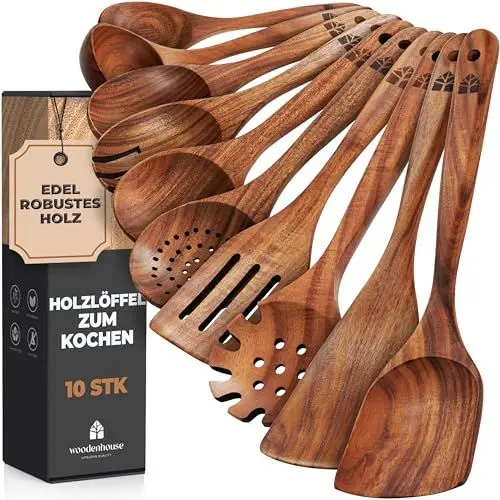 Produktbild: Holzkochlöffel 10 Stück Kochlöffel Set Holz - Holzlöffel aus Teakholz für das Kochen - Holzkochlöffel, Pfannenwender holz, Suppenkelle, 10 Stück - Natürlich, Perfekt für Antihaft von Woodenhouse