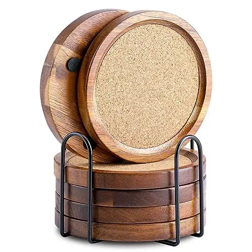 Produktbild: WLWNWFT Untersetzer Holz für Gläser 6er Set, 11 cm Untersetzer Gläser Kork mit Halter, Glasuntersetzer Holz Korkuntersetzer Rund für Getränke, Bar, Tassen, Glas