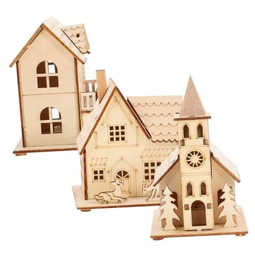 Produktbild: Toyvian Holz LED Weihnachtshaus Beleuchtet Holzhaus: 3 Stücke Weihnachtsdorf Häuser Winterdorf Weihnachtsstadt mit Beleuchtung Weihnachten Tichdeko Miniatur Haus Xmas Deko Objekt Kinder