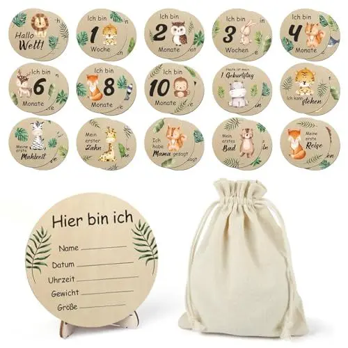 Produktbild: Holz Meilensteinkarten Baby,15 Meilensteine auf edlen Holzscheiben, Meilensteinkarten Schwangerschaft, Meilensteinkarten Baby Holz mit farbigen Tierchen bedruckt,Geschenkideen für werdende Mütter