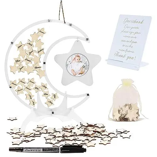 Produktbild: mumisuto Gästebuch Babyparty Mond Holz, Gästebuch Taufe Wedding Decoration Babyparty Deko Mädchen, Personalisiert Hochzeitsdeko Kreative Geschenk für Hochzeit