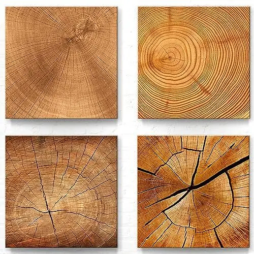 Produktbild: Holz Motive Deko Bilder für Wohnung und Büro als Leinwandbilder im 4er Set B - 40x40cm je Wandbild. Das Bilder-Set mit Holz Motiven wird aufhängefertig an Sie versandt