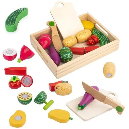 Produktbild: Spielküche Zubehör Holz, Holz Obst und Gemüse zum Schneiden, Kinderküche Zubehör, Spielobst zum Schneiden, Kinder Simulation Lernspielzeug Rollenspiele Geschenk