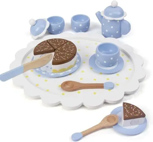Produktbild: Holz Tee Set Spielzeug, Kinderspiele, Küchenzubehör, Lebensmittel Spielzeug, Kinder Tee Party Set, Kuchen, Schokolade Tee Tasse, Holz Zubehör Set, Blau