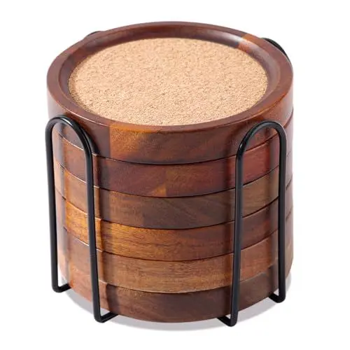 Produktbild: WLWNWFT Holz Untersetzer Rund für Gläser 6er Set, Glasuntersetzer aus Akazienholz und Kork mit Halter, Untersetzer Gläser Kork für Getränke, Bar, Tassen, Glas