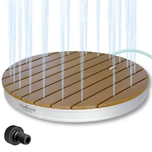 Produktbild: holz4home® Bodendusche als Gartendusche oder Pooldusche I Rund aus WPC und Aluminium I Höhenverstellbarer Wasserstrahl mit Fußrad I Saunadusche Outdoor mit Gartenschlauchanschluss