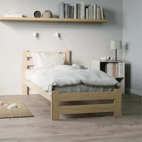 Produktbild: Holzbett 100x200 cm mit Lattenrost Modern Bett Bed Kiefer Massiv Bettgestell Einzelbett Massivholzbett Klassisch | Komfortabel & Langlebig | Skandinavisch Boho Landhaus Kopfteil hoch natur