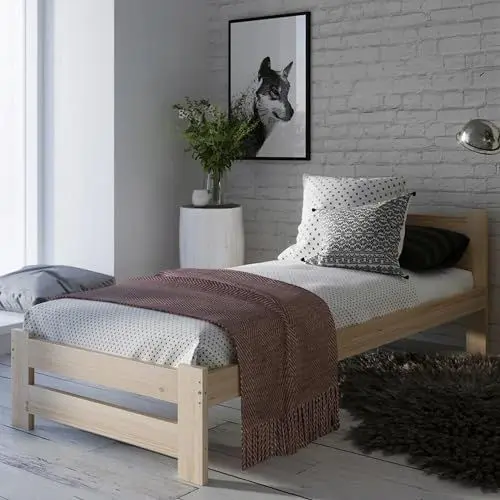 Produktbild: Holzbett 100x200 cm mit Lattenrost Modern Bett Bed Kiefer Massiv Bettgestell Einzelbett Massivholzbett Klassisch | Komfortabel & Langlebig | Skandinavisch Boho Landhaus Kopfteil mittel natur