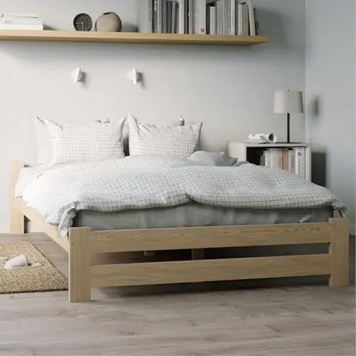Produktbild: Holzbett 160x200 cm mit Lattenrost Modern Bett Bed Kiefer Massiv Bettgestell Doppelbett Massivholzbett Klassisch | Komfortabel & Langlebig | Skandinavisch Boho Landhaus Kopfteil flach natur