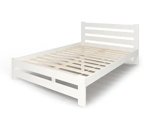 Produktbild: Holzbett 120x200 cm mit Lattenrost Modern Bett Bed Kiefer Massiv Bettgestell Doppelbett Massivholzbett Klassisch | Komfortabel & Langlebig | Skandinavisch Boho Landhaus Kopfteil hoch weiß
