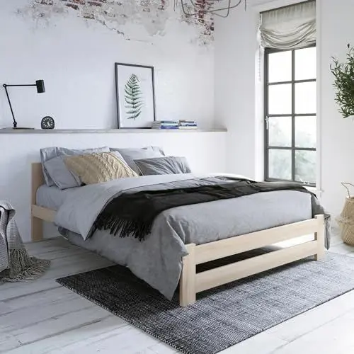 Produktbild: Holzbett 120x200 cm mit Lattenrost Modern Bett Bed Kiefer Massiv Bettgestell Doppelbett Massivholzbett Klassisch | Komfortabel & Langlebig | Skandinavisch Boho Landhaus Kopfteil mittel natur