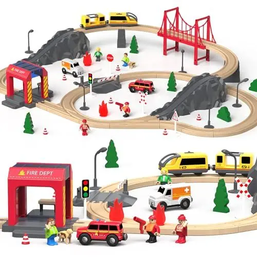Produktbild: Holzeisenbahn Set 72-Teilen, Holzeisenbahn Schienen und Zugspielzeug, Modelleisenbahn-Set für Kleinkinder, Spielzeugeisenbahn-Set für Kinder im Alter Von 1–3 Jahren, Geschenk für Jungen und Mädchen