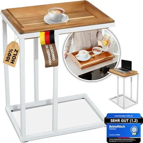 Produktbild: HOLZFASER Beistelltisch aus Echtholz (C-Form) Beistelltisch für Couch & Sofa – Multifunktionales & abnehmbares Tablett – Side Table für Wohnzimmer, Laptop Tisch, Sofatisch, Klein