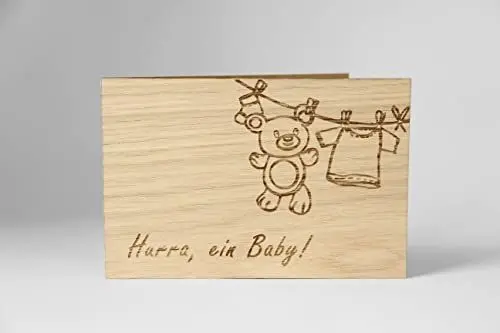 Produktbild: Holzgrusskarten Original Glückwunsch zur Geburt - 100% handmade in Österreich, aus Eichenholz gefertigte Geschenkkarte zur Geburt, Grußkarte, Klappkarte, Postkarte, Taufkarte, Baby