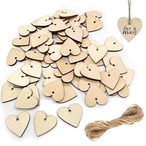 Produktbild: Holzherzen Zum Beschriften 100 Stk Holzherzen Scheiben Hochzeit Deko mit Loch Streudeko Herzen Holz zum Bemalen mit 10m Jute Schnur