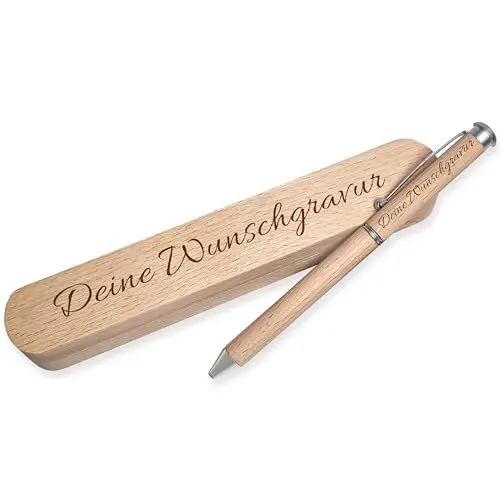 Produktbild: HOLZi - Holz-Kugelschreiber mit Gravur als Geschenk – Personalisierter Kugelschreiber set mit Wunschname - Kugelschreiber Geschenkidee Abschiedsgeschenke für Lehrer & Lehrerin (Buchenholz)