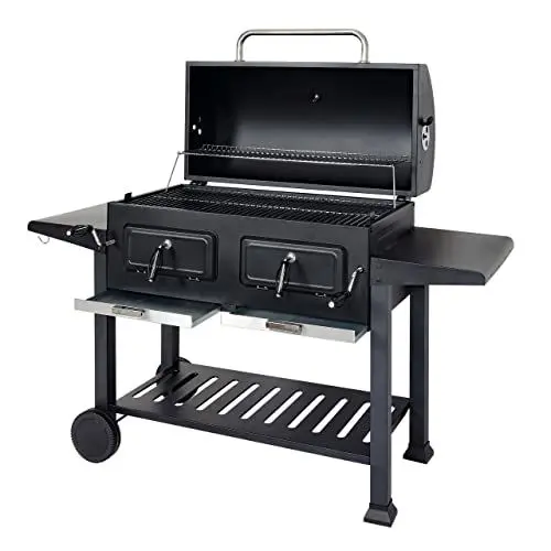 Produktbild: Holzkohlegrill HWC-K94, Grillwagen Standgrill BBQ Gartengrill mit Deckel Ablage, Stahl Emaille 110x153x60cm schwarz