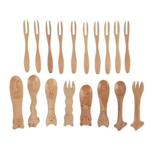 Produktbild: Holzlöffel-Gabel-Set, Umweltfreundlich, Natürliches Wasserpolieren, Holzbesteck-Set für Verschiedene Esszimmer, Massivholz