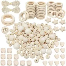 Produktbild: packra Holzperlen Holzringe Set 204 Stück, Holzperlen zum auffädeln Natur, Holzkugeln mit Loch und Holzringe zum Basteln DIY Makramee, Runde Holz Perlen für Schmuck Zubehör