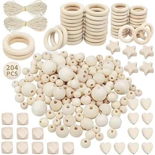 Produktbild: packra Holzperlen Holzringe Set 204 Stück, Holzperlen zum auffädeln Natur, Holzkugeln mit Loch und Holzringe zum Basteln DIY Makramee, Runde Holz Perlen für Schmuck Zubehör