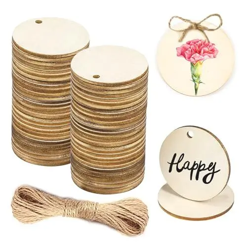 Produktbild: Holzscheiben mit Loch zum Basteln 5cm Runde Holzscheiben Klein Holzanhänger Rund zum Bemalen mit Loch für DIY Handwerk 50 STK