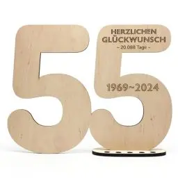 Produktbild: Holzschild Gästebuch Jahreszahl 55, mit Geburtstagsgruß Gravur zum selbst beschriften als Geschenk mit Ständer und Geburtstagskerzenhalter - für 55 Geburtstag Deko, 55 Jahre Jubiläum oder Hochzeit