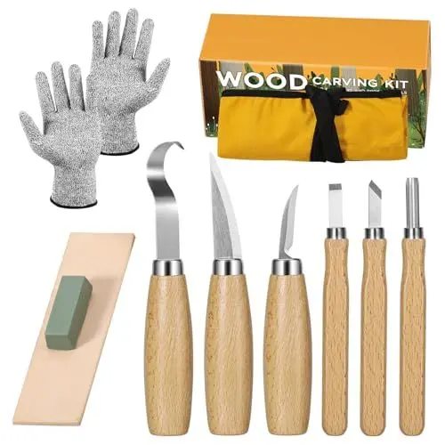 Produktbild: Holzschnitzwerkzeuge Set, 10 in 1 Schnitzset für Erwachsene, Kinder, Anfänger, Holz Schnitzen Set mit 6 Schnitzmessern, Schnittfeste Handschuhe, Rolltasche, Spitzer, Schnitzwerkzeug Set für Holz