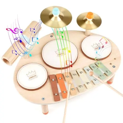 Produktbild: Vanplay Kinderspielzeug ab 3 Jahre Schlagzeug Kinder Trommel 9 In 1 Holzspielzeug Musikinstrumente Montessori Spielzeug Geschenk 3 4 5 6 Jahre Junge Mädchen