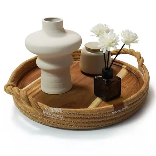 Produktbild: 100% Baumwolle/Jute Holztablett,Deko Tablett mit Abnehmbarem Akazienholz, Mehrzweck Dekotablett, Boho Deko Tablett Deko, Tablett mit Baumwollseilgriff, Tablett Rund Kerzentablett 12,5in