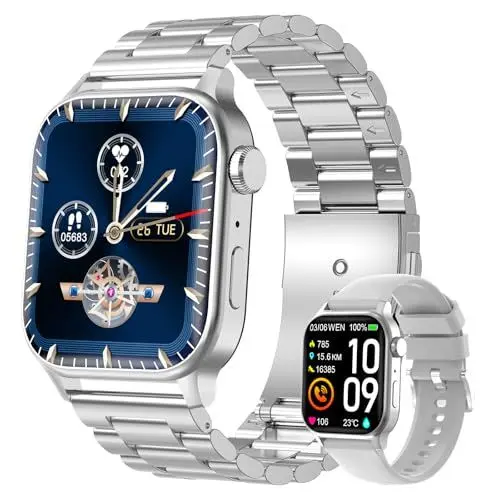 Produktbild: Homailida Smartwatch Herren Damen mit 2 Verstellbaren Armbändern, Smart Watch Anrufe und Sprachassistent, Nachrichtenbenachrichtigungen, Business Stil Smart Watch, 100+ Sportmodi Fitnessuhr (Silber)