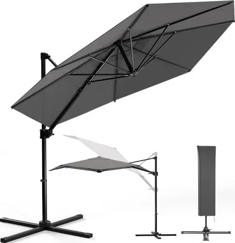 Produktbild: Homall Sonnenschirm Alu ø 330cm,Ampelschirm 360°Drehbar,Sonnenschirm Balkon mit StäNder Kurbelvorrichtung SchutzhüLle,Sonnenschirm Groß Wasserdicht und UV-Schutz 50+ Marktschirm,Grau