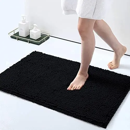 Produktbild: Homaxy rutschfeste Badematte Chenille Badezimmerteppich Mikrofaser Badteppich Saugfähige Hochflor Badvorleger - 40 x 60 cm, Schwarz