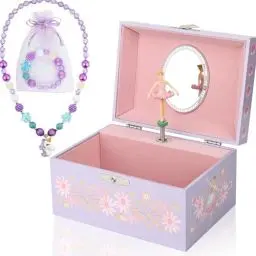 Produktbild: hombrima Musik-Schmuckkästchen mit Halskette, Armband, Musik-Schmuck-Aufbewahrungsbox mit drehender Ballerina, Geschenk-Set für Kinder, Mädchen, Kinder, Tochter