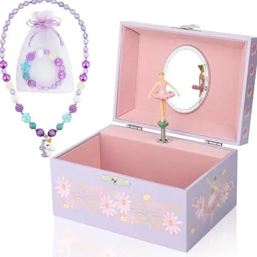 Produktbild: hombrima Musik-Schmuckkästchen mit Halskette, Armband, Musik-Schmuck-Aufbewahrungsbox mit drehender Ballerina, Geschenk-Set für Kinder, Mädchen, Kinder, Tochter
