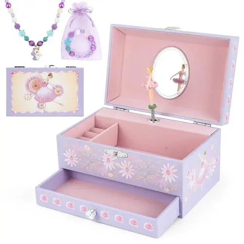 Produktbild: hombrima Musik Schmuck Box mit Schublade Halskette Armband, Musikalischer Schmuck Aufbewahrungskoffer mit Spinning Ballerina Geschenk Set für Kinder Mädchen Kinder Tochter