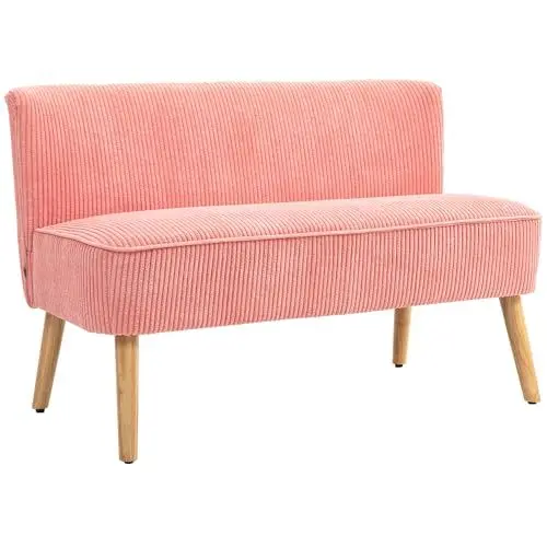 Produktbild: HOMCOM Sofa 2 Sitzer modern Couch ohne Armlehne Gepolstert Polstersofa mit Cord-Optik, klein Loungesofa mit Holzbeine für Wohnzimmer, 117 x 56,5 x 77 cm, Rosa