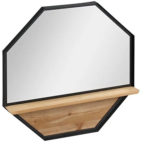Produktbild: HOMCOM Achteck Wandspiegel Hängespiegel 61 x 61cm Wohnzimmerspiegel Flurspiegel für Schlafzimmer Schwarz mit Ablage im Industrie-Design