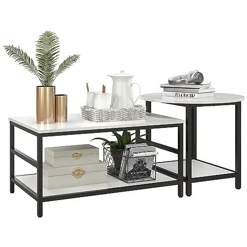 Produktbild: HOMCOM Couchtisch 2er-Set Beistelltisch, Kaffeetisch, Satztisch, Sofatisch im Moderndesign, Wohnzimmertisch mit Marmoroptik, für Schlafzimmer, Stahl