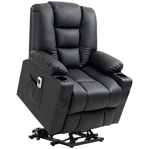 Produktbild: HOMCOM Fernsehsessel mit Aufstehhilfe Elektrisch Relaxsessel mit Massagefunktion, USB, Liegefunktion, Massagesessel mit Fernbedienung, Becherhalter, Seitentasche, Fußteil, Rollen, Schwarz