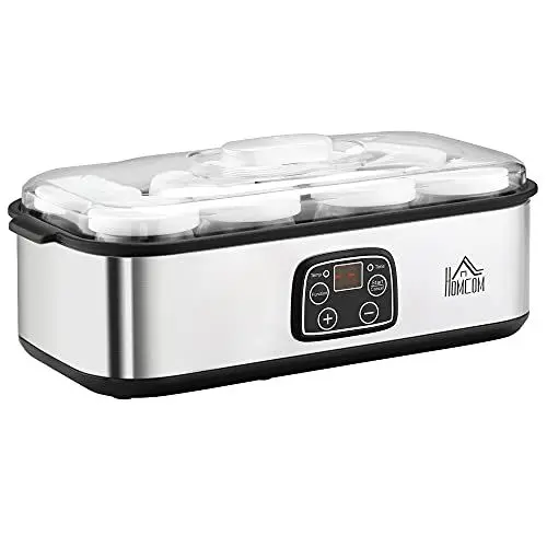 Produktbild: HOMCOM Joghurtbereiter 25W Joghurtmaschine mit LCD-Display 8 Joghurtgläser mit Deckel aus Glas 180ml einstellbare Temperatur und Zeit PC PP-Kunststoff Edelstahl Glas Silber 36 x 18,8 x 14 cm